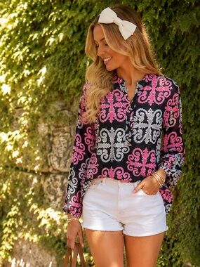BANANA REPUBLIC X MILLY Resort Preppy Lightweight Batik Print Chiffon Blouse, 4